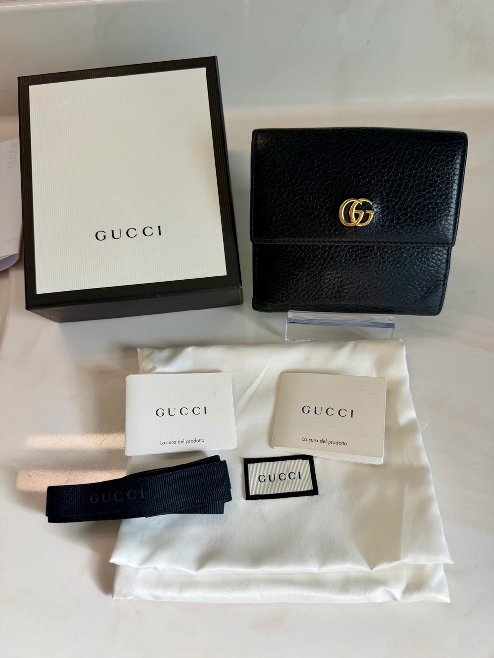 Gucci Marmont Black Leather Wallet with Box, Dust Bag & Ribbon